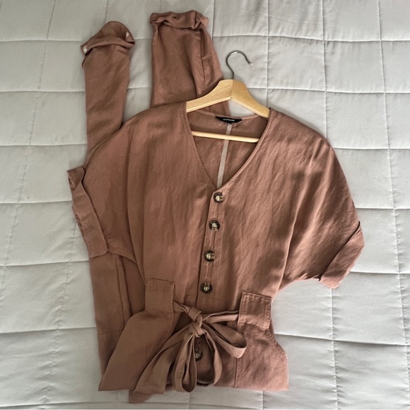 Express Linen Blend Tie Waist Jumpsuit XXS - Picture 1 of 11